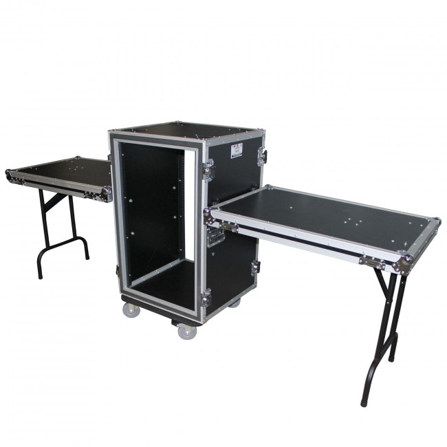 16U Vertical Shockproof Amp Rack Case W-Side Tables 20 In Depth W-Casters