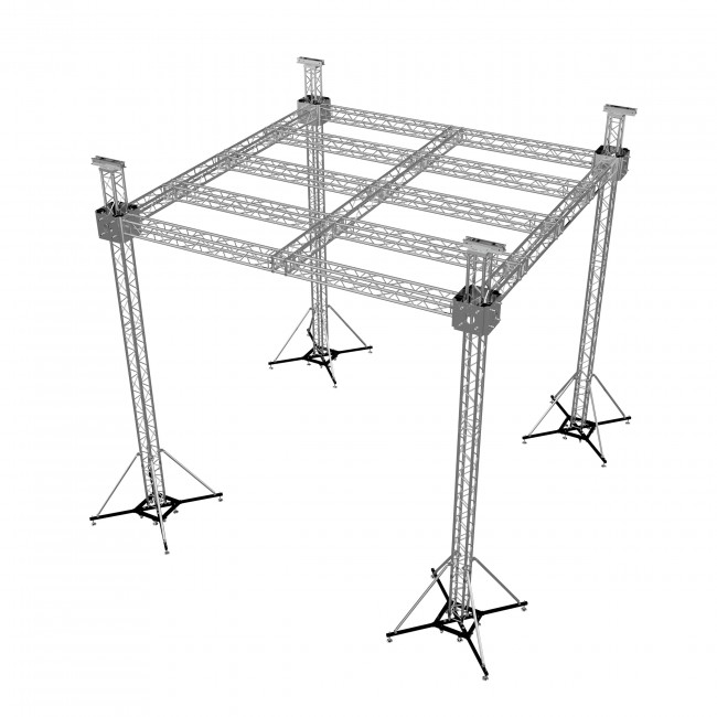 F34 Stage Roofing Truss System with Ground Support and Chain Hoists – 23 x 23 x 23 Ft. 