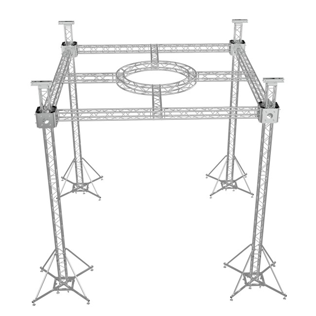 F34 Stage Roofing Truss System with Ground Support, Circular Truss and Chain Hoists – 21x21x23 Ft. Circle in Center